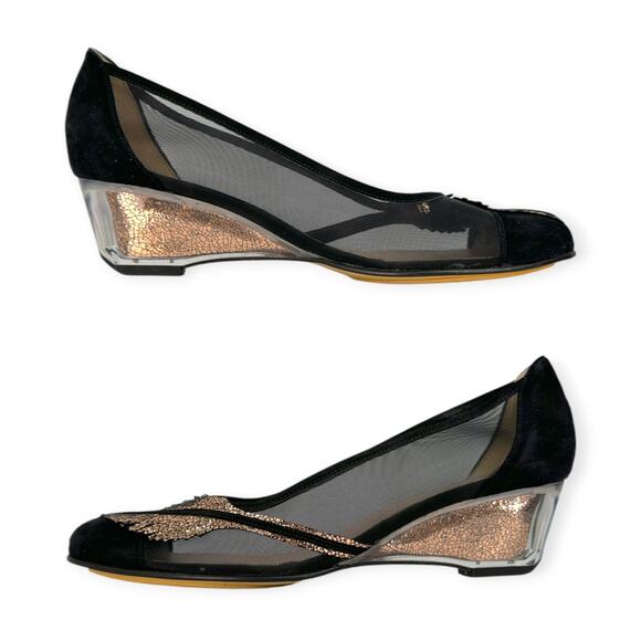 Heyraud | 38.5 | Black Mesh Copper Leaf Embellished Clear Heel Slip-On Shoe - Picture 7 of 11